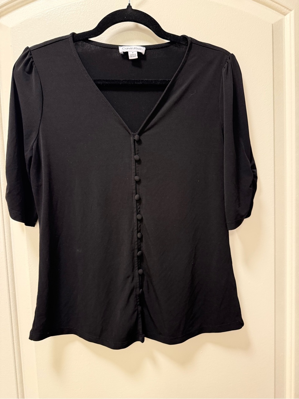Calvin Klein Black V-Neck Covered Button Front Blouse